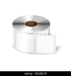 Label sticker roll vector mock-up. White blank square adhesive labels on bobbin mockup Stock Vector
