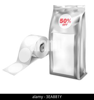 Round label sticker roll with sample on product package. Adhesive labels for promo advertising design Stock Vector