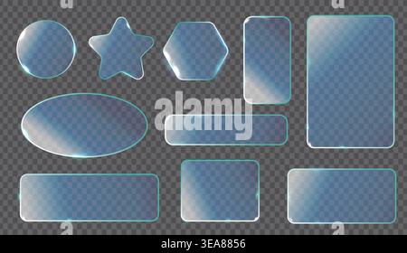 glassmorphism shapes with soft blue glow. Transparent design with subtle reflections. Perfect for UI, web elements, or graphic overlays. Modern, minim Stock Vector