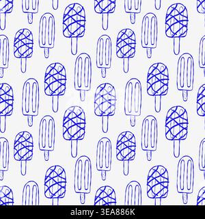 Blue sketch style popsicles on light gray background. Pattern repeats seamlessly. Simple, playful design. Great for summer themes or sweet treats. Can Stock Vector