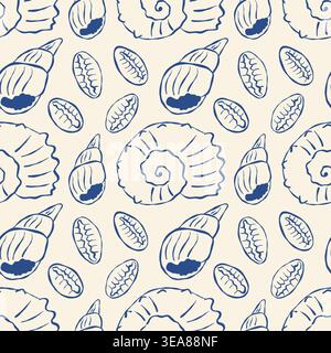 Seamless pattern of hand drawn seashells in navy blue on cream background. Features conch, scallop, and spiral shells with detailed textures Stock Vector