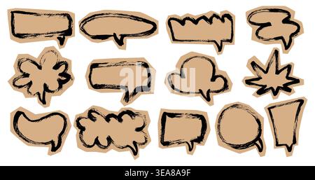 Outline Grunge Scrapbook Speech Bubbles Set. Doodle collage brush stroke text chat boxes. Chalk texture communication balloons stickers vector set Stock Vector