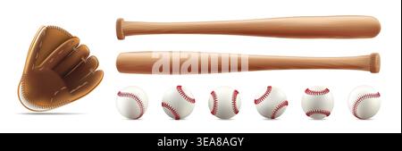 Bat, ball and glove baseball clipart. 3d player equipment vector set. Vintage isolated team logo mockup. Wooden steel stick, white softball, leather Stock Vector