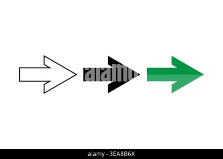 A Vector collection of right pointing arrows in outline, solid black, and vibrant green for navigational purposes, indicating direction. Stock Vector