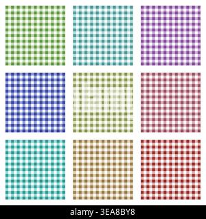 A classic Vector gingham checkered pattern collection features traditional textile designs in a variety of vibrant colors, offering diverse background Stock Vector