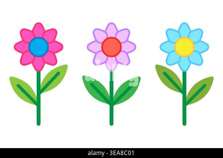 A charming Vector collection of simple, colorful flowers, featuring pink, purple, and blue petals with contrasting centers and green stems. Stock Vector