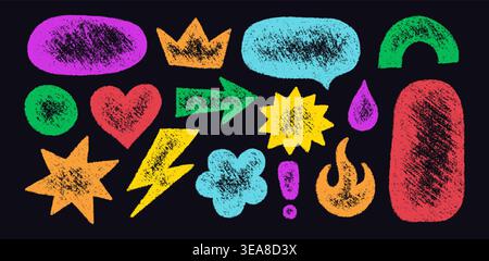 Crayon doodle sticker shapes set. Hand drawn oval, heart, speech bubble icons. Graphic element for fun collages. Kid sketch drawing. Vector pencil Stock Vector