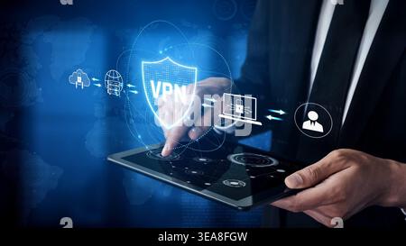 VPN security protects network access. VPN security encrypts data, hides identity, VPN security defends traffic, and VPN security secures connection Stock Photo