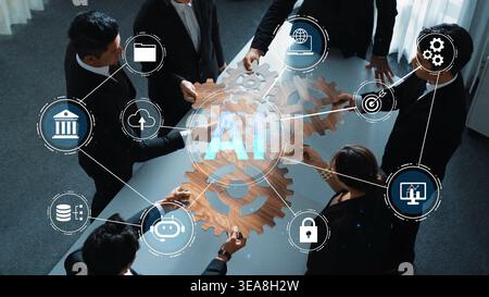 Business Team Collaborating on Artificial Intelligence Strategy with Gear Graphics Representing Innovation and Technology in Modern Workplace Gluon. Stock Photo