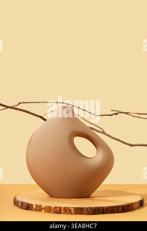 Vase with tree branches and wooden round slice on orange table against beige wall Stock Photo