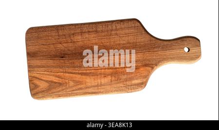 Top down view of rustic empty wooden cutting board isolated cutout on white background. Natural wood texture with visible grain, ideal for food design Stock Photo