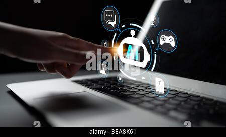 Modern Technology Concept with Hand Interacting with AI Chatbot Icon on Laptop Screen Surrounded by Various Digital Communication Symbols Quark. Stock Photo