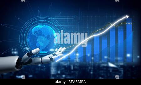 A futuristic robot hand holds a glowing Earth against a backdrop of digital graphs, showcasing growth and innovation in technology and business Stock Photo