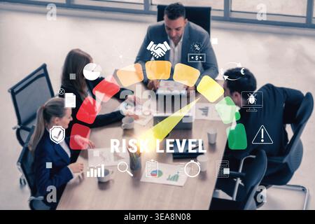 Business Team Discussing Risk Management Strategies in Modern Office with Visual Risk Level Indicator Overlay Quark. Stock Photo