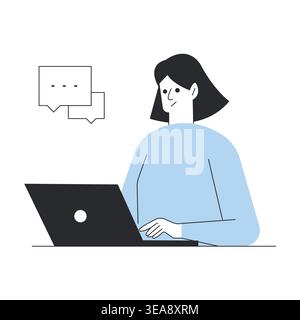 Woman working on laptop with speech bubbles representing online communication and support vector illustration. Stock Vector