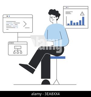 Man working on laptop with code, chart, and workflow panels vector illustration for data analysis, software development, and digital business. Stock Vector