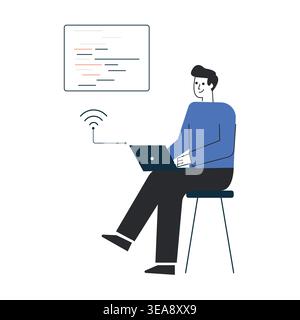 Man working on laptop with code, chart, and workflow panels vector illustration for data analysis, software development, and digital business. Stock Vector
