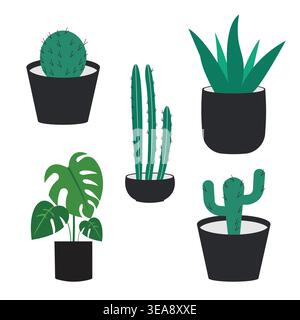 Set of minimalist potted houseplants and cacti icons on white background vector illustration. Stock Vector