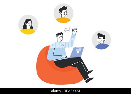 Remote worker sitting in bean bag chair using laptop for video conference call. Stock Vector