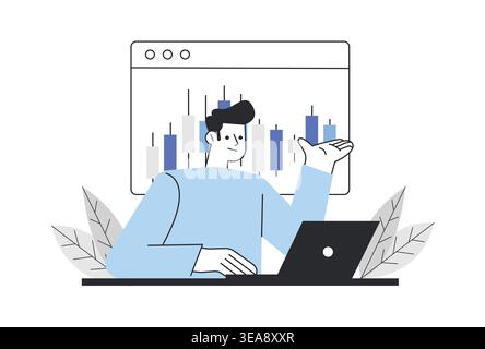 Trader Analyzing Stock Market Candlestick Charts on Laptop. Stock Vector