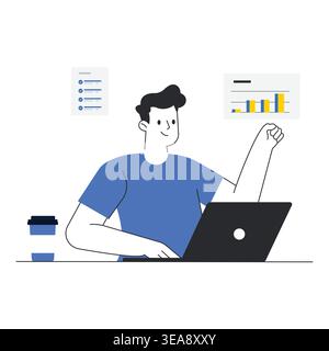 Businessman working on laptop with financial bar charts and data analysis vector illustration. Stock Vector