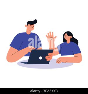 Man and woman collaborating on a project using a laptop vector illustration. Stock Vector