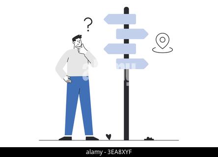 Man standing in front of crossroads signpost with multiple arrows and question mark representing career path uncertainty. Stock Vector