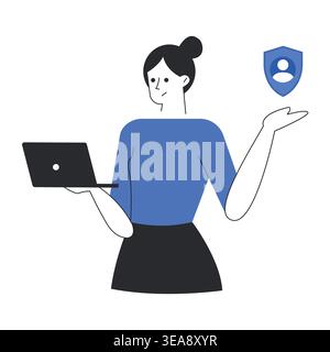 Woman holding a blue shield icon representing personal data protection and cybersecurity vector illustration. Stock Vector