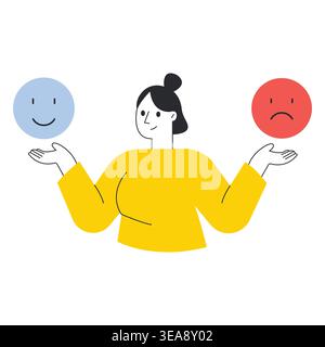 Woman balancing happy and sad face emoji icons for mental health awareness vector illustration. Stock Vector