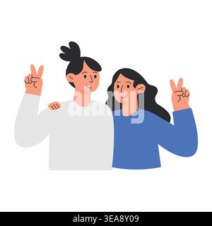 Two happy female friends smiling and showing peace signs together vector illustration. Stock Vector