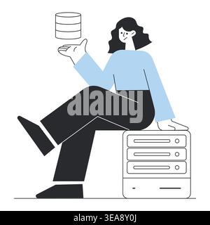 Woman sitting on server stack with database icon vector illustration for data storage, cloud computing, server management, and digital infrastructure. Stock Vector