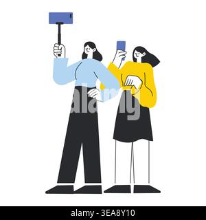 Two women taking a selfie using a smartphone and a selfie stick. Stock Vector