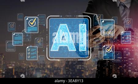 Futuristic Businessman Engaging with Artificial Intelligence Applications in a Modern Urban Environment at Night Sigmoid Stock Photo