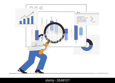 Financial analyst using magnifying glass inspecting stock market candlestick charts and digital data trends for profitable investment strategies. Stock Vector