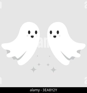 Two cute friendly ghosts flying together with magic stars on gray background vector illustration. Stock Vector
