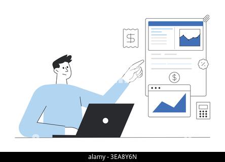 Man analyzing financial growth charts and digital dashboard on laptop for corporate budget planning and investment strategy vector illustration. Stock Vector