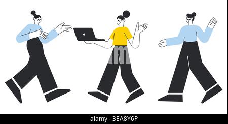 Set of Businesspeople Holding Laptop Vector Illustrations with Man and Woman Standing, Walking, Presenting, and Working. Stock Vector