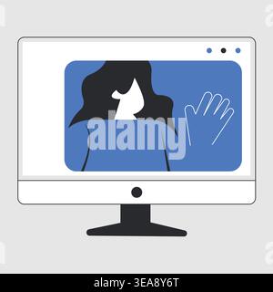 Woman waving hello during a remote video call on a computer monitor vector illustration. Stock Vector