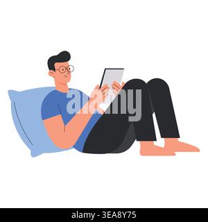Man relaxing on a pillow while using a digital tablet vector illustration. Stock Vector