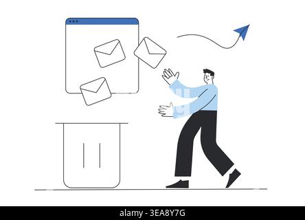 Man throwing digital envelopes into a trash bin to organize his cluttered inbox and manage online messages. Stock Vector