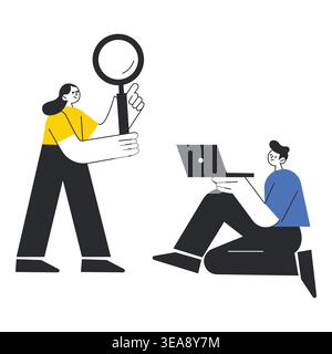 Woman with magnifying glass and man using laptop searching for data vector illustration. Stock Vector