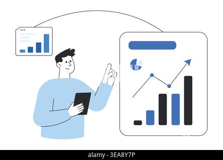 Business analyst holding digital tablet while reviewing financial growth charts and performance metrics on large screen. Stock Vector