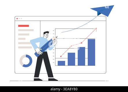 Businessman drawing growth chart on digital dashboard with giant pencil showing financial success and professional development goals vector. Stock Vector