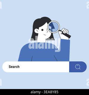 Woman holding a magnifying glass behind a search bar interface vector illustration. Stock Vector