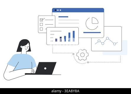 Woman working on laptop managing financial data dashboards with bar charts pie graphs and line trends business reporting, financial analysis. Stock Vector