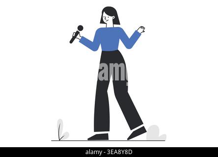 Woman giving a professional speech or presentation holding a microphone vector illustration. Stock Vector