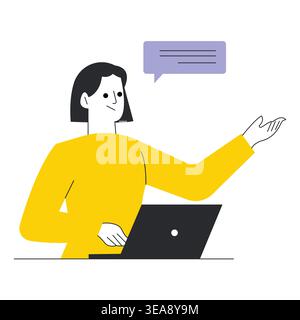 Woman working on laptop with speech bubble representing online communication vector illustration. Stock Vector