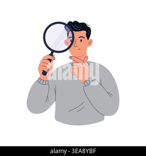 Man holding magnifying glass and thinking vector illustration for search, investigation, analysis, curiosity, and problem-solving concept. Stock Vector