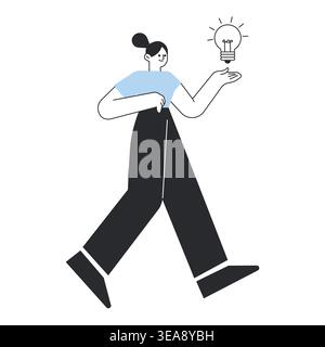Woman walking with a glowing lightbulb representing a new creative idea vector illustration. Stock Vector