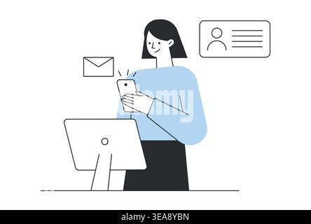 Woman using smartphone and computer for digital communication and account login. Stock Vector
